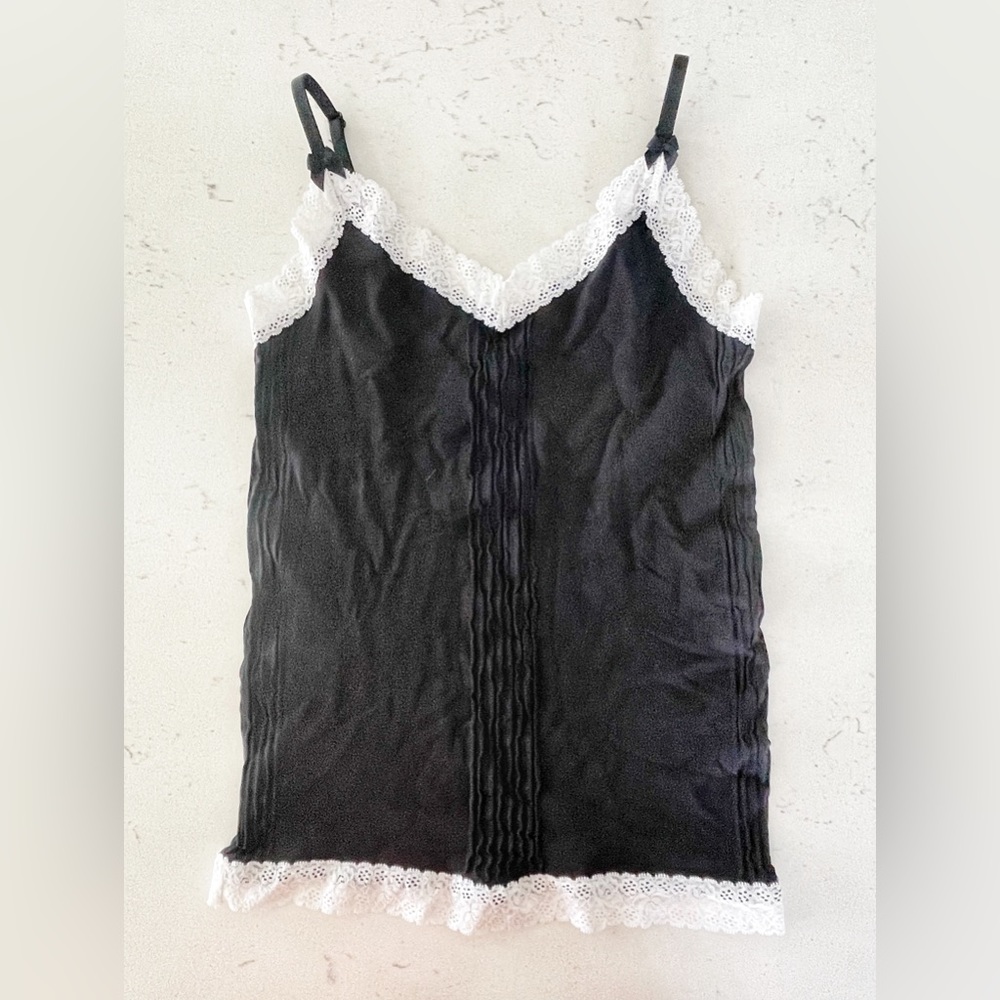 Cacique Black Slimming Camisole Tank Top White Lace Trim Size 14/16